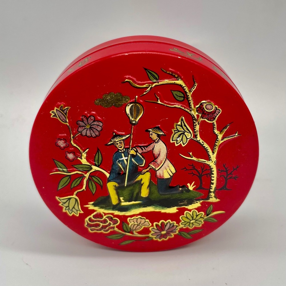 Chinese Export Candy Tin Red Embossed Floral Figures England 3 Inch